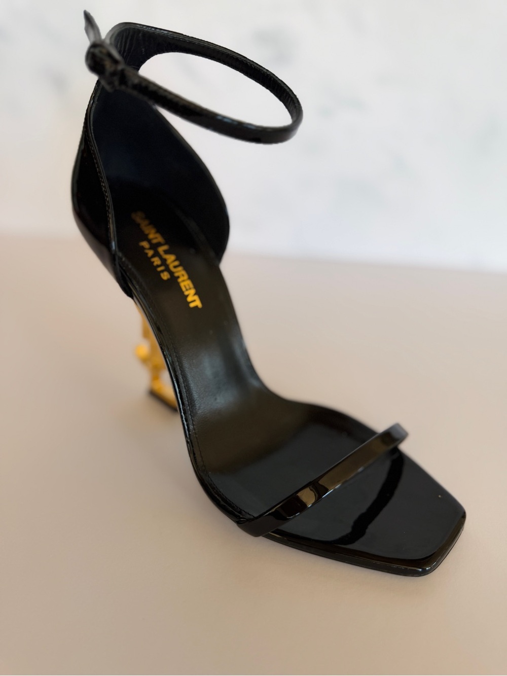 Saint Laurent YSL Opyum 110 Black Patent Gold Logo Heel Sandals Size 38 + Box - Picture 7 of 7